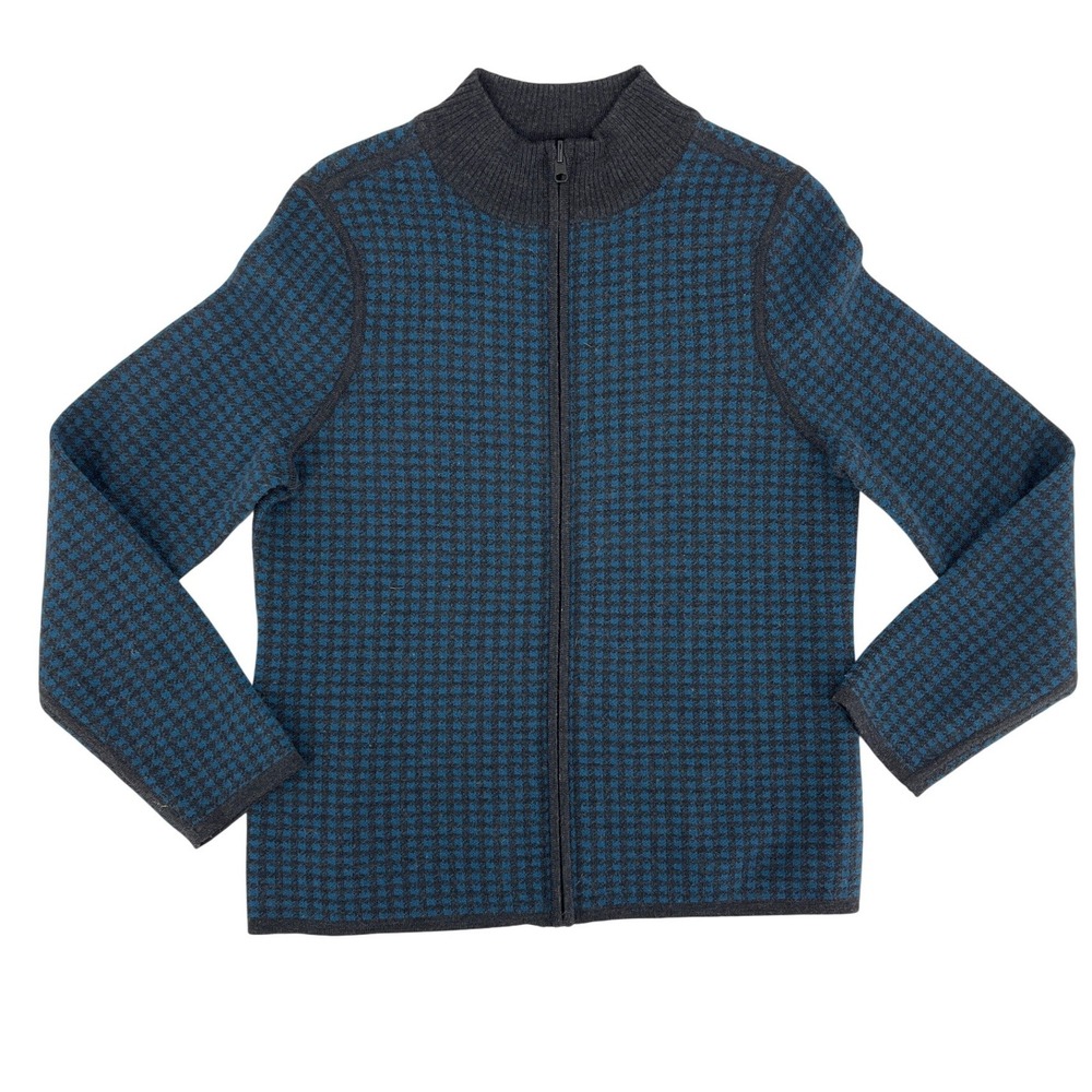 Pendleton Full Zip Cardigan Womens Size M Blue Grey Houndstooth Mock Neck